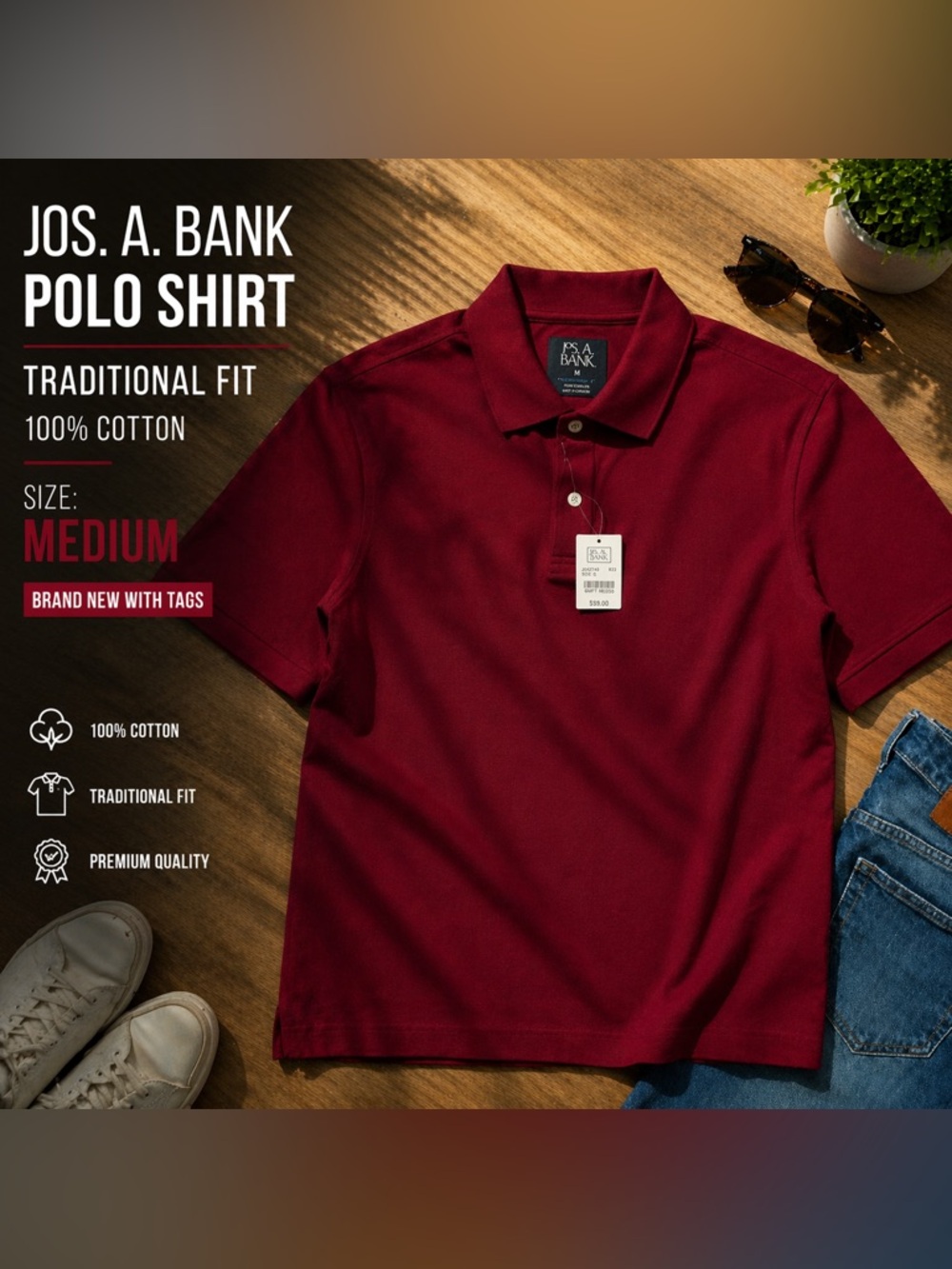 Jos A Bank Polo Shirt Mens Medium Red Cotton Traditional Fit NWT